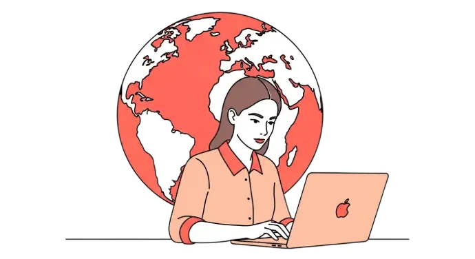 mujer con su laptop y detrás la imagen de la tierra