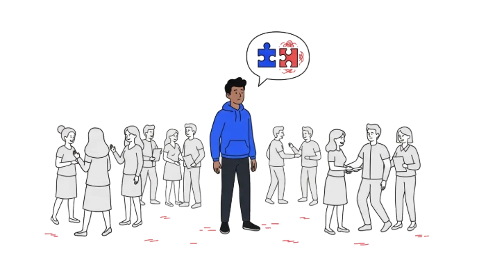 Hombre joven sintiéndose fuera de lugar en un entorno nuevo, representando el choque cultural y la soledad del migrante.