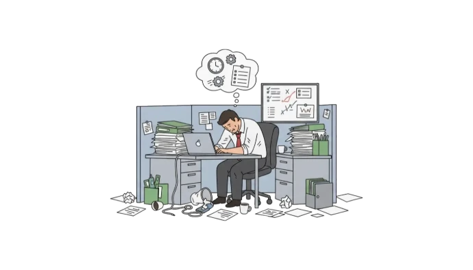 Hombre agotado en su oficina rodeado de papeles y tareas, representando el estrés laboral y el burnout de guatemaltecos que trabajan en el extranjero.