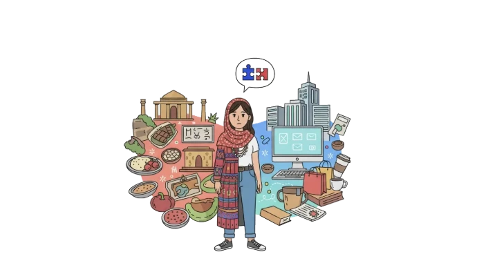 Mujer dividida entre dos mundos, con traje tradicional y ciudad moderna, representando el choque cultural y la pérdida de identidad al vivir fuera de Guatemala.