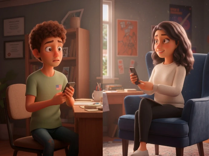 Conexión de terapia online entre un joven guatemalteco en USA desde su teléfono y una psicóloga brindando apoyo emocional a distancia.