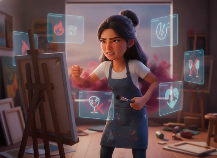 Representación del bloqueo creativo y la sobrecarga emocional causada por la frustración y la culpa. La psicoterapia brinda un espacio seguro para aprender a canalizar y regular estas emociones de manera saludable. Mujer artista expresando frustración y enojo frente a su caballete, ideal para ilustrar la terapia online para la gestión de emociones difíciles.