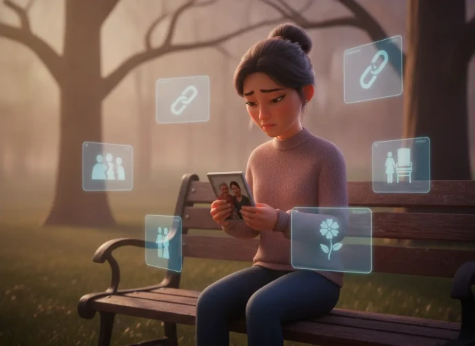 Mujer en un parque asimilando una pérdida y sosteniendo un retrato, ideal para ilustrar el acompañamiento en terapia para el duelo y la separación online. Representación del proceso de aceptación tras una pérdida importante o una separación afectiva. La psicoterapia en línea ofrece un espacio de contención profesional para transitar el dolor, procesar las emociones y reconstruir el bienestar personal.