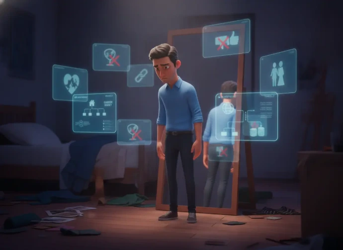 Hombre frente al espejo mostrando inseguridad y desánimo, ideal para ilustrar el tratamiento psicoterapéutico de la baja autoestima y la falta de confianza personal. Representación de la autocrítica y las dificultades en la autoaceptación. La terapia psicológica en línea proporciona herramientas orientadas a fortalecer el autoconcepto, desarrollar la seguridad individual y construir una relación saludable con uno mismo.