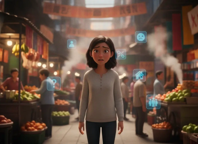 Mujer desorientada en un mercado extranjero con símbolos de duda, ilustrando el choque cultural y la necesidad de terapia de adaptación para guatemaltecos en el extranjero. Representación del estrés por adaptación cultural y la desconexión con el entorno al migrar. El acompañamiento psicológico online ayuda a procesar la incertidumbre, manejar la desorientación y desarrollar herramientas personales para integrarse a un nuevo país sin perder las raíces.
