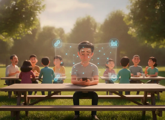 Joven aislado usando su celular en un parque comunitario mientras otros conviven, ilustrando las dificultades para construir redes de apoyo y la terapia online para migrantes. Abordaje psicológico de la soledad y las barreras de integración social al vivir en otro país. La terapia psicológica en línea ofrece herramientas profesionales para superar la timidez cultural, gestionar la ansiedad social y aprender a construir una red de apoyo sólida en el extranjero.