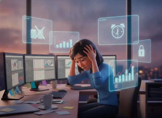 Mujer ejecutiva agobiada frente a pantallas de trabajo y gráficos financieros, representando la presión laboral y la terapia online para guatemaltecos en el extranjero. El impacto psicológico del estrés financiero y las largas jornadas de trabajo en el exterior. El acompañamiento terapéutico virtual ofrece estrategias efectivas para manejar la ansiedad por dinero, prevenir el agotamiento laboral y equilibrar las responsabilidades económicas sin descuidar la salud mental.