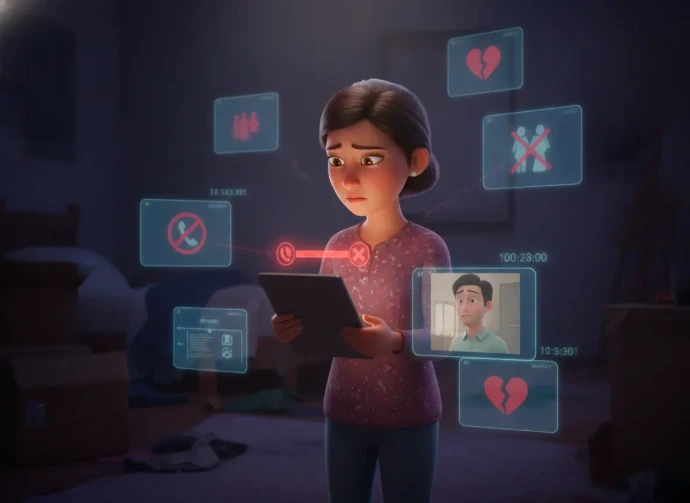 Mujer triste en una videollamada fallida con iconos de corazones rotos, ilustrando los conflictos de pareja a la distancia y la terapia psicológica online para migrantes. Abordaje psicoterapéutico de las crisis de pareja y las tensiones familiares causadas por la distancia. La terapia online proporciona un espacio seguro para mejorar la comunicación asertiva, gestionar la desconfianza, sanar rupturas y fortalecer los vínculos afectivos a miles de kilómetros de casa.