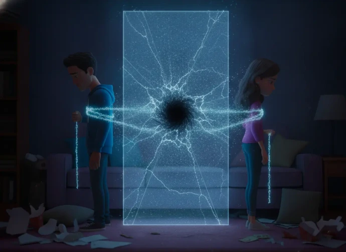 Hombre y mujer dándose la espalda con un muro de cristal roto entre ellos, representando la falta de comunicación y la distancia en la relación.