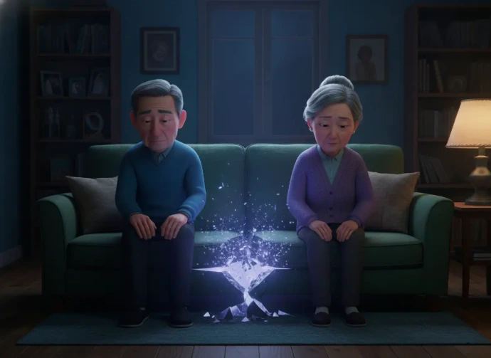 Pareja de adultos mayores sentados con tristeza en un sillón verde, separados por una grieta luminosa que representa la distancia emocional y la rutina.