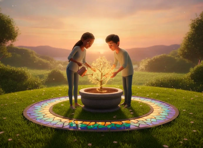 Pareja sonriente cuidando y regando juntos un pequeño árbol brillante en un jardín iluminado por el atardecer, representando los frutos de fortalecer la relación.