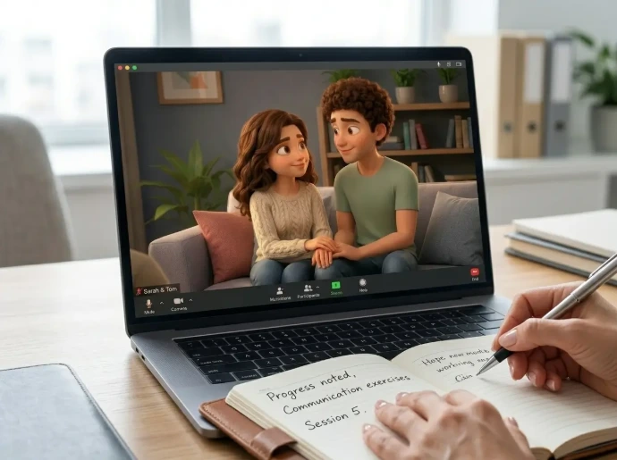 Computadora portátil que muestra a una pareja sonriendo en videollamada mientras una psicóloga toma notas en su cuaderno, ilustrando el servicio de terapia de pareja online en Guatemala.