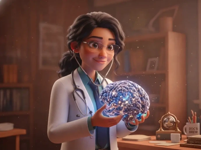 "Ilustración de una psicóloga con un cerebro en sus manos."