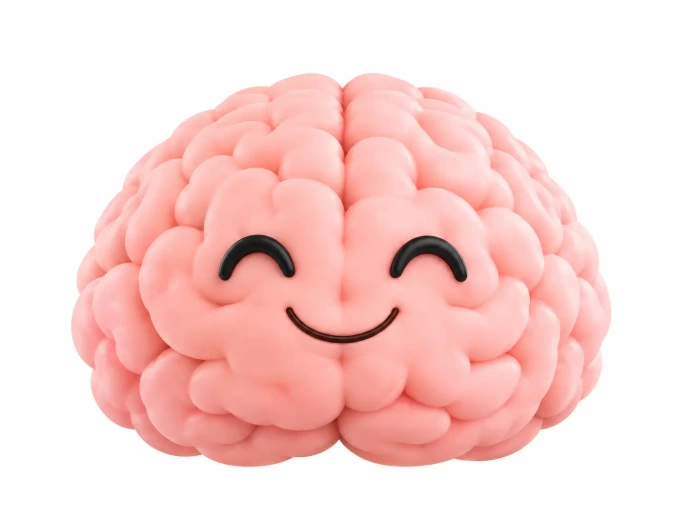 Imagen amigable en 3D de un cerebro sonriente diseñada para ilustrar los servicios profesionales de bienestar emocional y terapia psicológica en línea en Guatemala con Equilibrio GT.