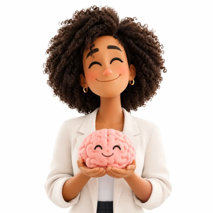 Ilustración 3D de una psicóloga con cabello rizado sosteniendo un cerebro sonriente, reflejando el bienestar y el apoyo de la terapia psicológica individual en línea en Guatemala con Equilibrio GT.