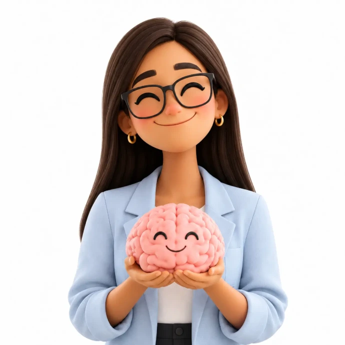 lustración 3D de una psicóloga con lentes sosteniendo un cerebro sonriente, representando el bienestar continuo y el acompañamiento del plan mensual de terapia psicológica en Guatemala de Equilibrio GT.