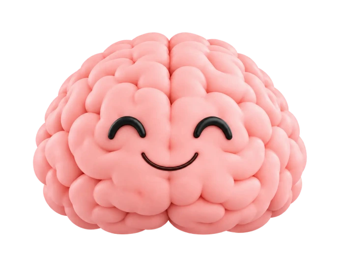 Ilustración 3D de un cerebro rosa sonriente que simboliza el bienestar emocional y la salud mental con terapia en línea en Guatemala. Fondo blanco puro.